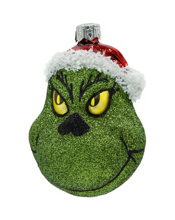 Bombka choinkowa: Zielony stwór Grinch w czapce Mikołaja: brokatowy, Syn Bombkarza