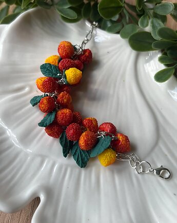 Kolorowa bransoletka z owocami i liśćmi z gliny polimerowej, MariaPolymer
