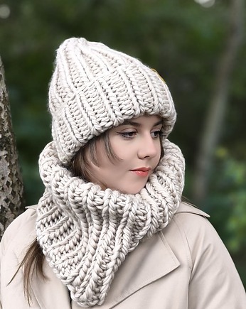 Peruvian WOOLY wełniany komplet zimowy- jasny beż, sploteka