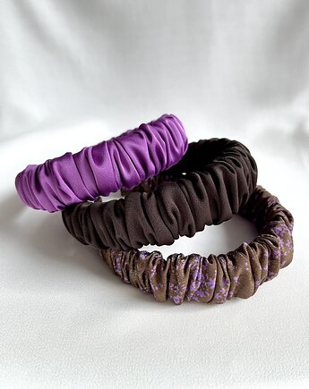 Jasnobrązowa marszczona opaska do włosów Purple Flower, Volie Line