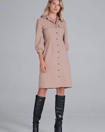 Elegancka sukienka koszulowa midi z bufiastymi rękawami i guzikami - M849, FIGL