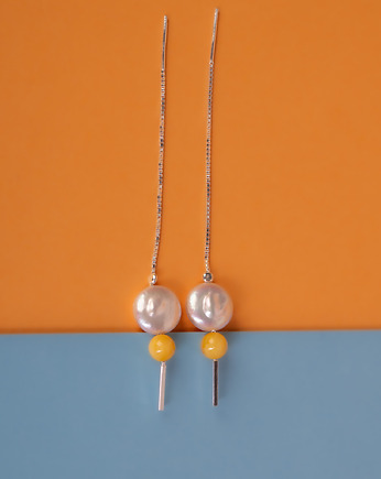 Kolczyki wiszące srebrne z perłą i bursztynem, Andorii by Baco