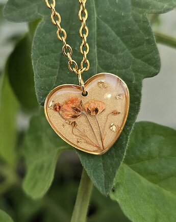 Złoty wisiorek kwiaty zawieszka serce serduszko pomarańczowa gipsówka, OKAZJE - Prezenty na 18 dla koleżanki