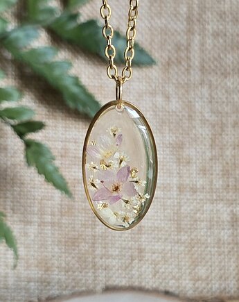 Złoty wisiorek prawdziwe kwiaty zawieszka różowa rośliny, zkwiatem