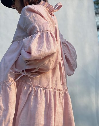 Lniana sukienka z kryzą pod szyją w kolorze różowym, Nature Bed