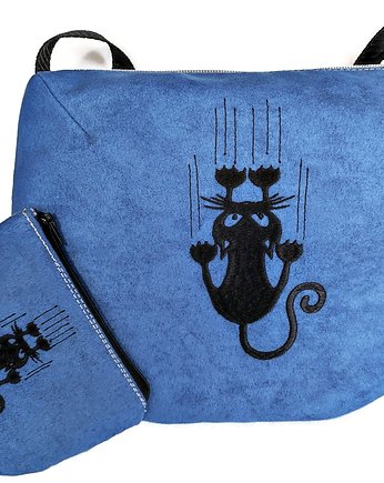 Niebieska listonoszka,  torebka z kotkiem , portfelik kotek, Made by Joan