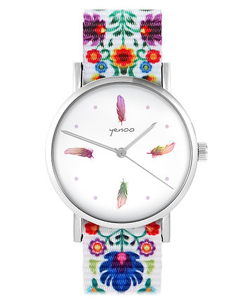 Zegarek - Kolorowe piórka - folk biały, nato, yenoo