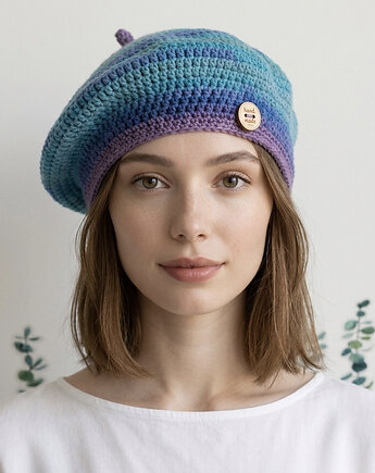 Wiosenny beret damski z antenką ręcznie robiony bawełna one size, splotomaniaa