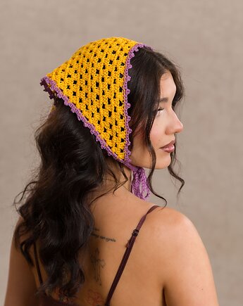 Bawełniana szydełkowa chustka bandana różowo-żółta letnia, DecMabu
