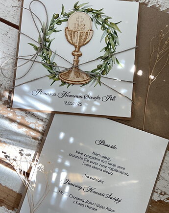 Kartka komunijna ręcznie robiona z imieniem od matki chrzestnej, sorte