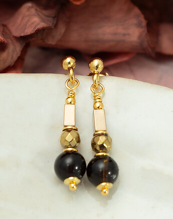 Krótkie, złote kolczyki z kwarcem dymnym, pozłacane srebro 925, Yamira Art Studio