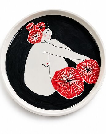 Talerz ceramiczny Kobieta i czerwone kwiaty , NOWdeco
