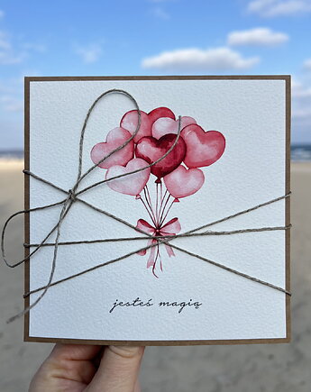 Wyjątkowa ręcznie robiona kartka na walentynki - walentynka z sercem z balona, sorte