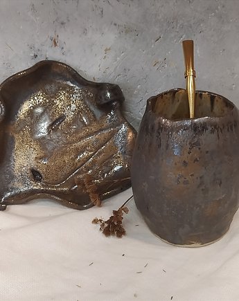 Unikatowy kubek  ceramiczny Matero 400ml do yerba mate +spodek liść, AM Natural Home
