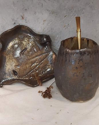 Unikatowy kubek  ceramiczny Matero 400ml do yerba mate +spodek liść, AM Natural Home Pracownia Ceramiczna