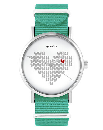 Zegarek -  Serce dziergane - turkusowy, nylonowy, yenoo