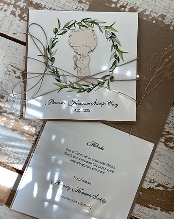 Kartka komunijna ręcznie robiona z imieniem od matki chrzestnej, ojca chrzest, sorte