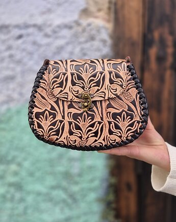 Torebka skórzana Julia beżowa kwiaty ręcznie robiona, SempreArte