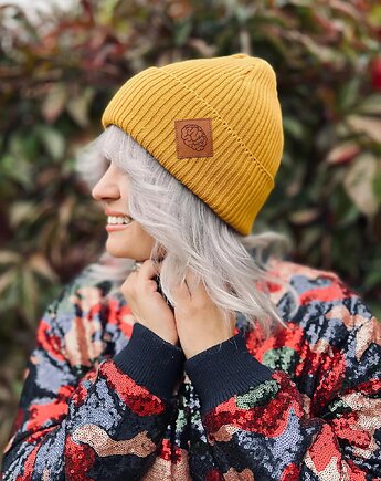 Bawełniana czapka beanie logo ekoskórka Miodowa musztarda