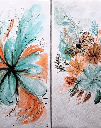 Dyptyk abstrakcja kwiaty Obraz akwarela papier 2x30x42cm, kkjustpaint Karolina Kamińska