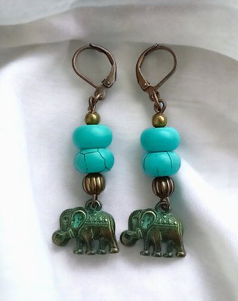 Kolczyki - słoniki : ETNO : Indie : turkus i stare złoto : patynowane, kaktusia