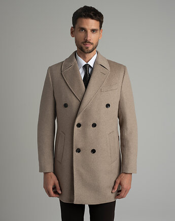 Wełniany płaszcz dwurzędowy sortino beżowy, BORGIO