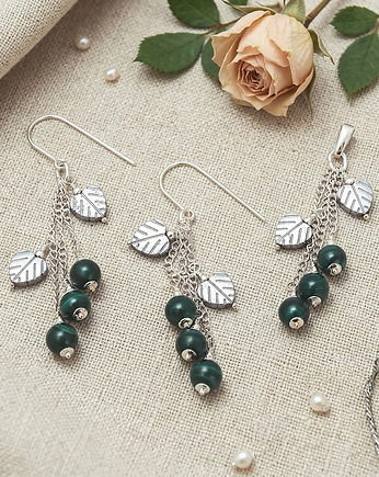 Zielony komplet biżuterii - kolczyki i wisiorek z malachitem, SREBRO 925, Yamira Art Studio