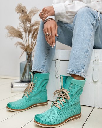 DZIURKOWANE BOTKI WORKERY - SKÓRA NATURALNA - MODEL 428 - KOLOR MIĘTOWY, Zapato