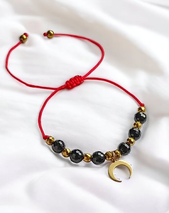 OCHRONNA bransoletka - czarny turmalin - lunula : czerwony sznurek, kaktusia