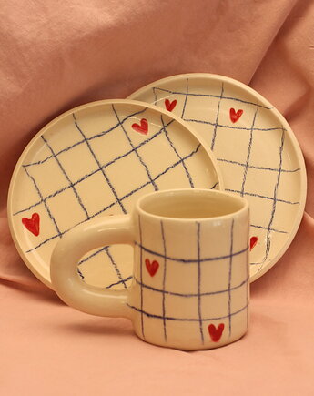 Talerz w kratkę i serca ceramiczny ręcznie robiony, Lvvia ceramics