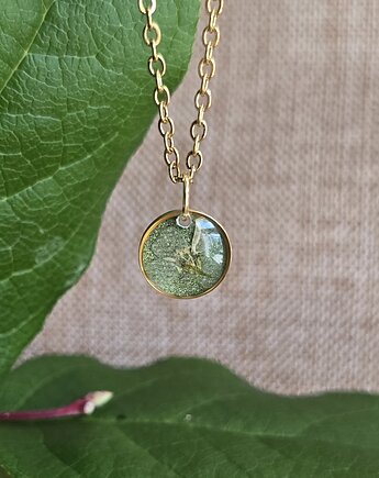 Złoty wisiorek prawdziwe kwiaty zawieszka zielona, zkwiatem