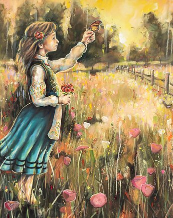 KASZUBKA  W BORACH 40x50cm Plakat na płótnie w ramie dziewczynka z kwiatkiem, sztukataka