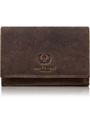 Skórzany portfel damski mały vintage brązowy z ochroną RFID T-33-HBR, Paolo Peruzzi