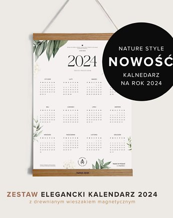 Zestaw Kalendarz Ścienny Floral 2024 z Drewnianym Wieszakiem Magnetycznym, PaperDesk