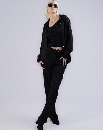 Komplet żakardowy 3 spodnie, koszula, top czarny, Magdalena Mól