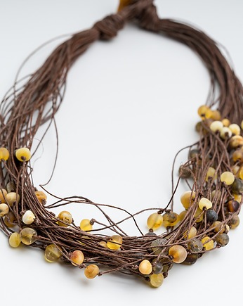 Naszyjnik bursztynowy w sylu boho, naszyjnik lniany, bursztyn bałtycki, AmberMal