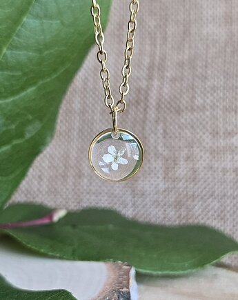 Mały wisiorek z białą niezapominajką prawdziwy kwiat, zkwiatem