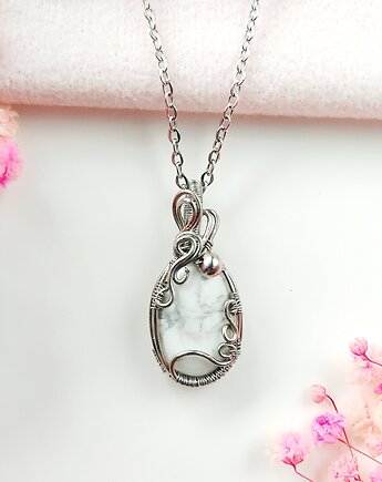 Naszyjnik Howlit Marmurkowy stal chirurgiczna wisiorek handmade wirewrapping, byNostawen