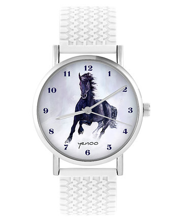 Zegarek - Czarny koń, cyfry - silikonowy, biały, OSOBY - Prezent dla emeryta