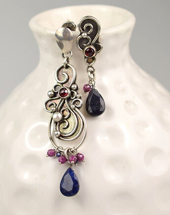 Para nie do pary - kolczyki srebrne z szafirem, rubinem, granatem i perłą, Sunflower Kornelia Kubinowska