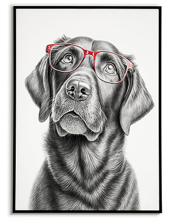 Plakat Labrador w czerwonych okularach, plakat dla dziecka ze  zwierzątkiem., Bajkowe Obrazki
