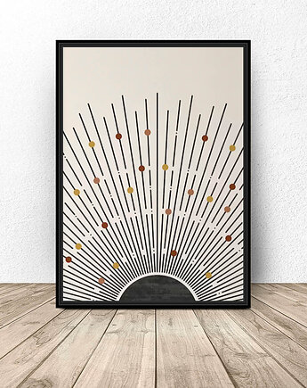 Plakat z czarnymi liniami i kolorowymi kropkami na beżowym tle, scandiposter
