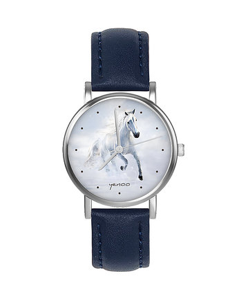 Zegarek  mały - Biały koń biegnący - skórzany, granatowy, yenoo