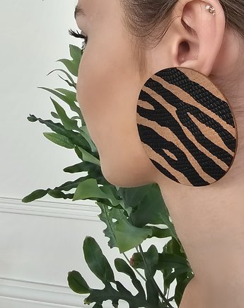 Kolczyki SUN  skóra naturalna zwierzecy print zebra czarno bezowe, Malena Dul