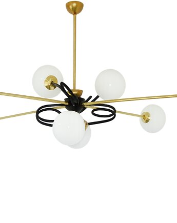 Żyrandol Mid Century z lat 60.  mosiądz, szkło i metal, 8xE14, Relikt design