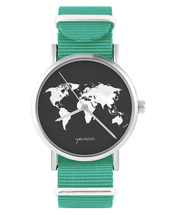 Zegarek - Mapa świata - turkusowy, nylonowy, yenoo