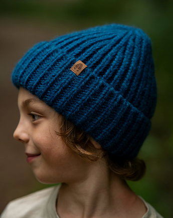 SÓWKA - puchata naturalna czapka dla dzieci niebieski, KOPYTO