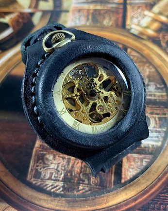 Zegarek mechaniczny, nakręcany, skeleton DC 042 - Black Vintage - Złoty Smok, DROBINY CZASU