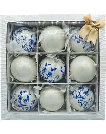 Bombki okrągłe biało-niebieskie kwiaty: 9 sztuk, Syn Bombkarza