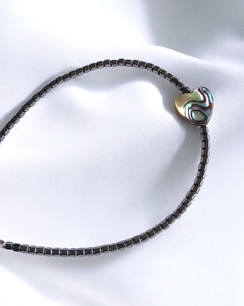 Bransoletka z serduszkiem : muszla PAUA, hematyt grafitowy, kaktusia